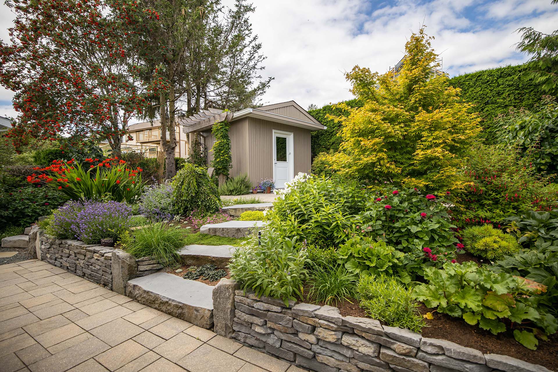 garden with stone wall