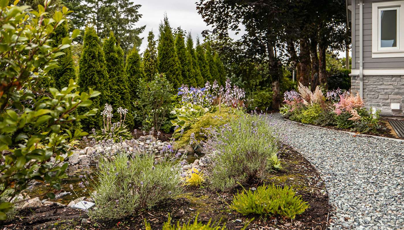 back yard with stone path a garden with mulch and perennials flowers