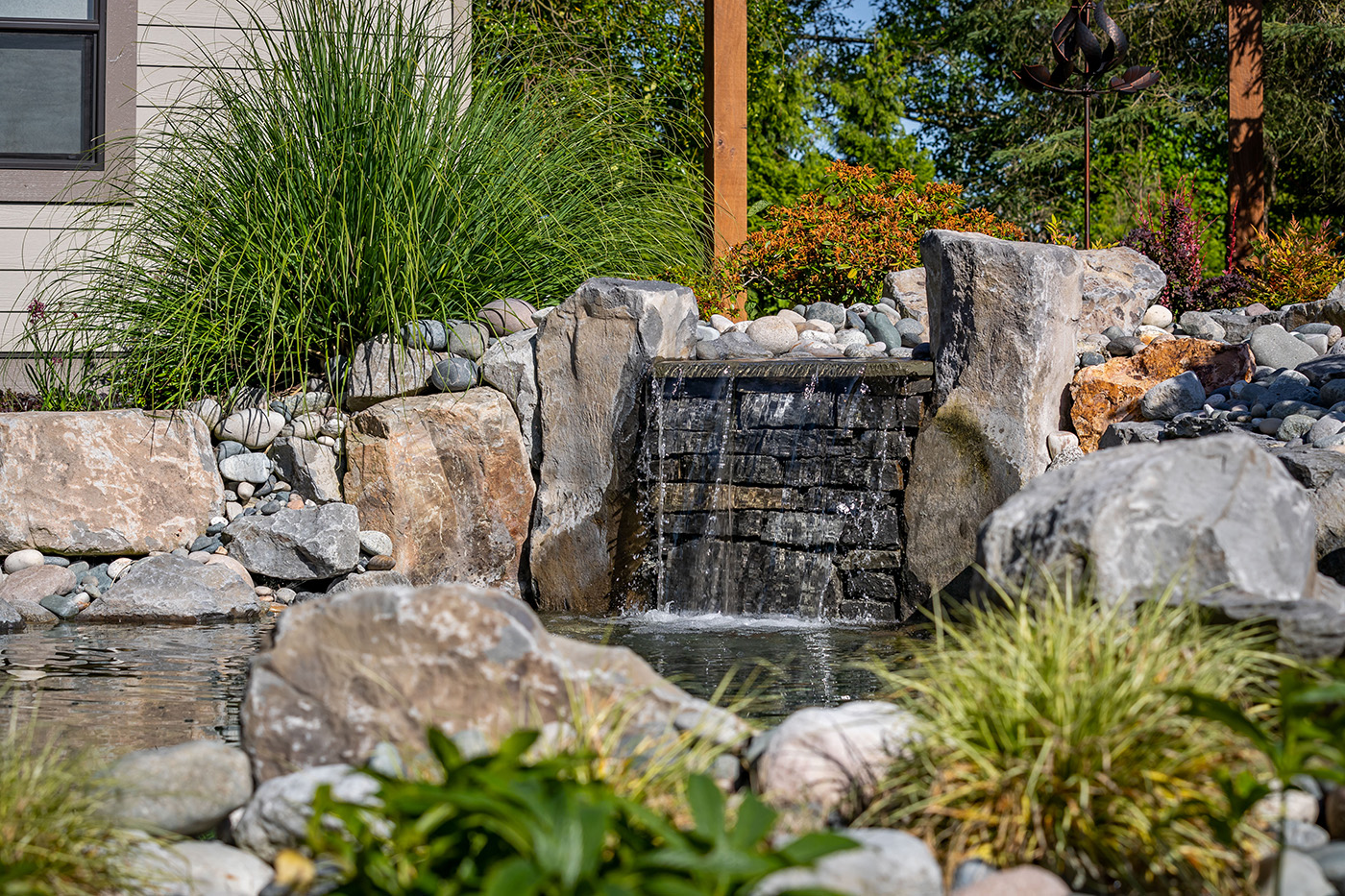 pond with waterfall