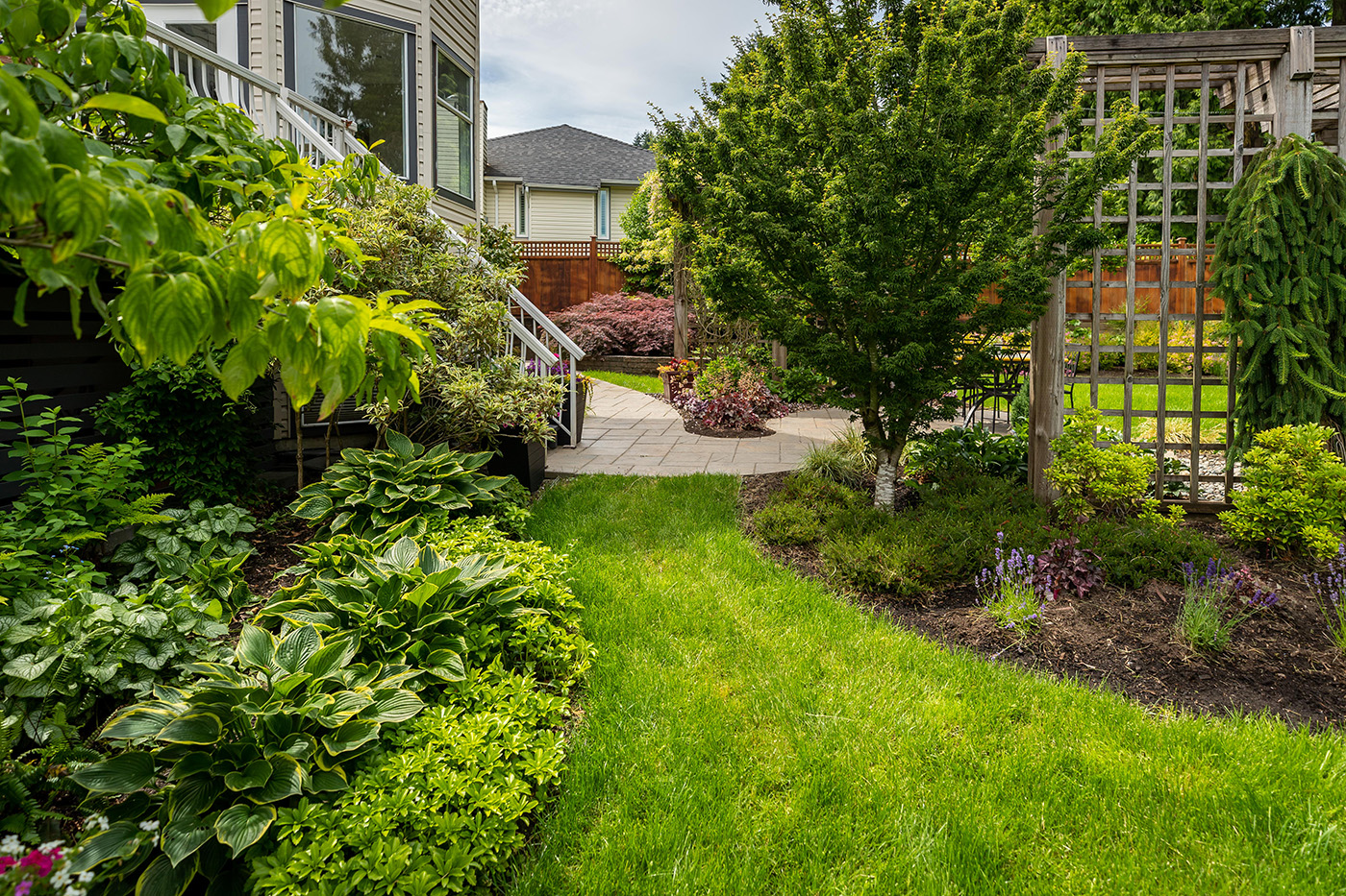 back yard with garden with mulch and perennials